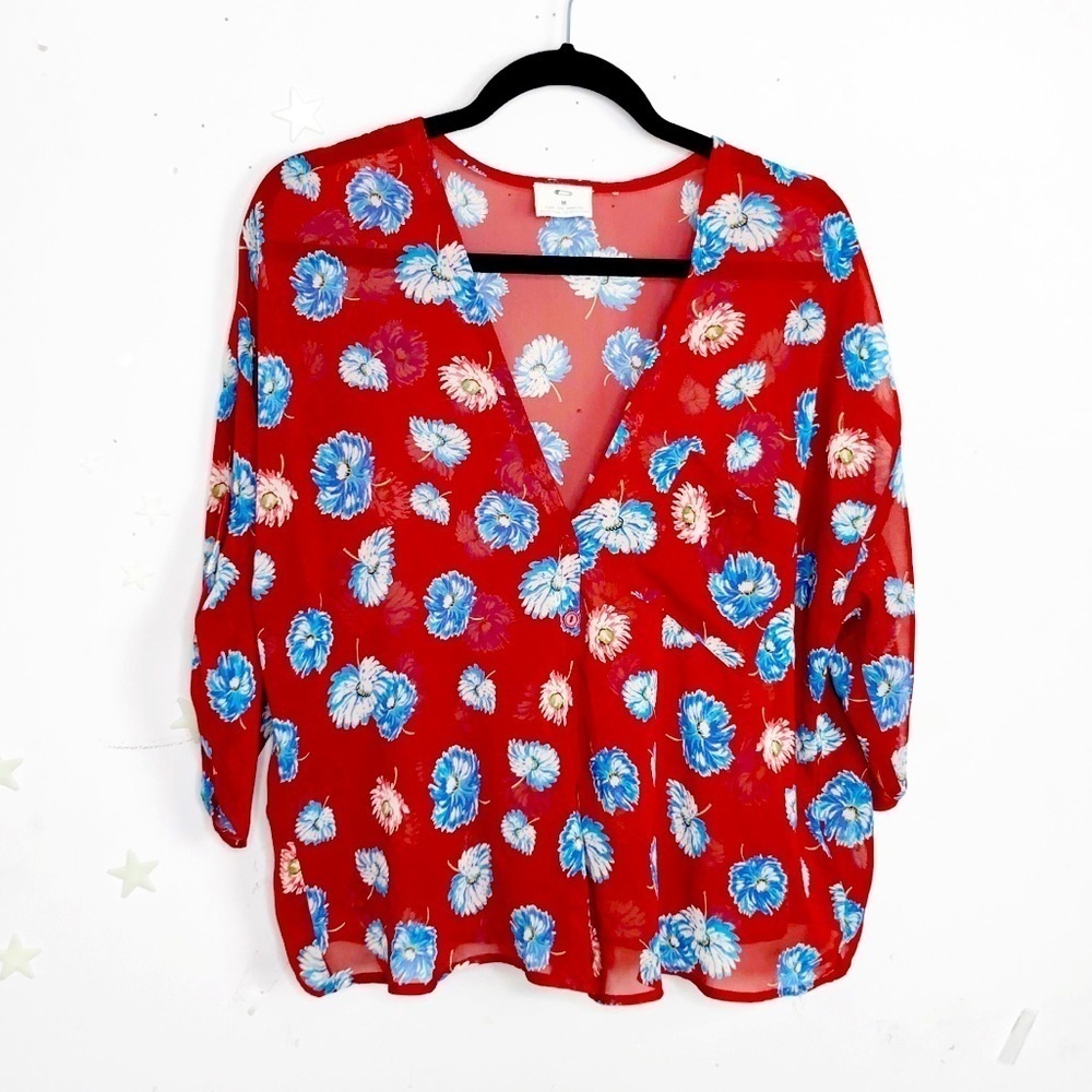 PINS and needle sheer floral button down blouse